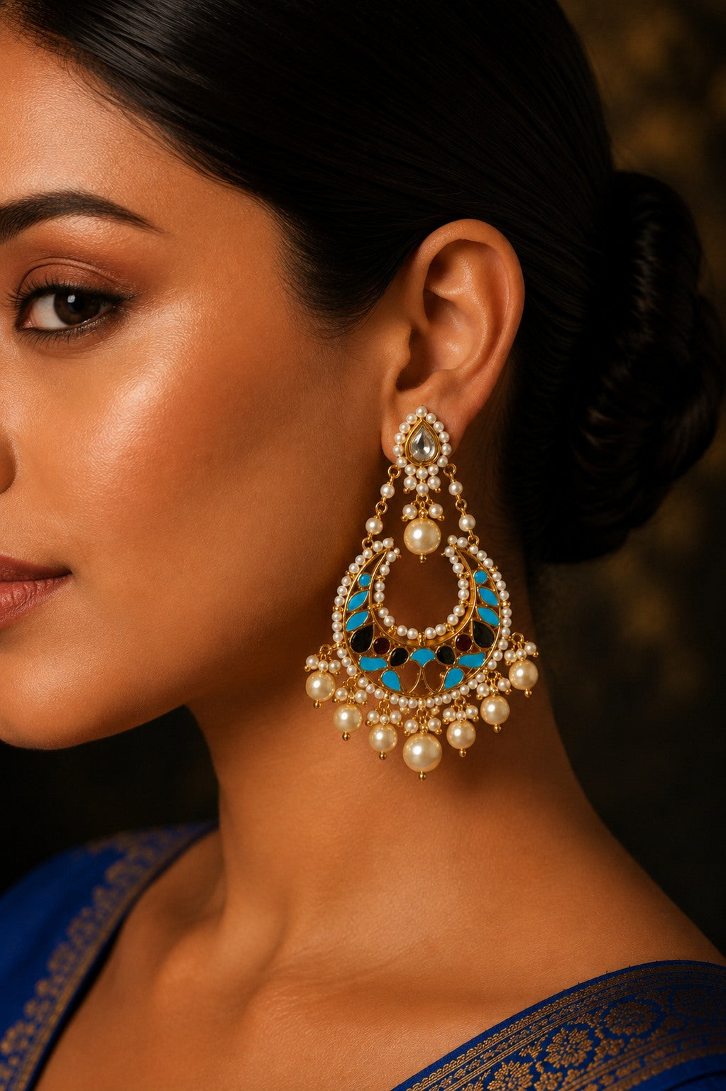 Red Green Feroza Meena Pearls Drop Chandbali Earrings