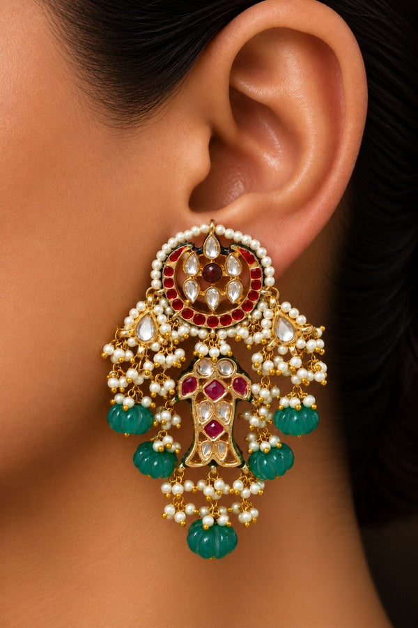 Pink Crescent Red Kundan Fish Green Drops Dangler Earrings