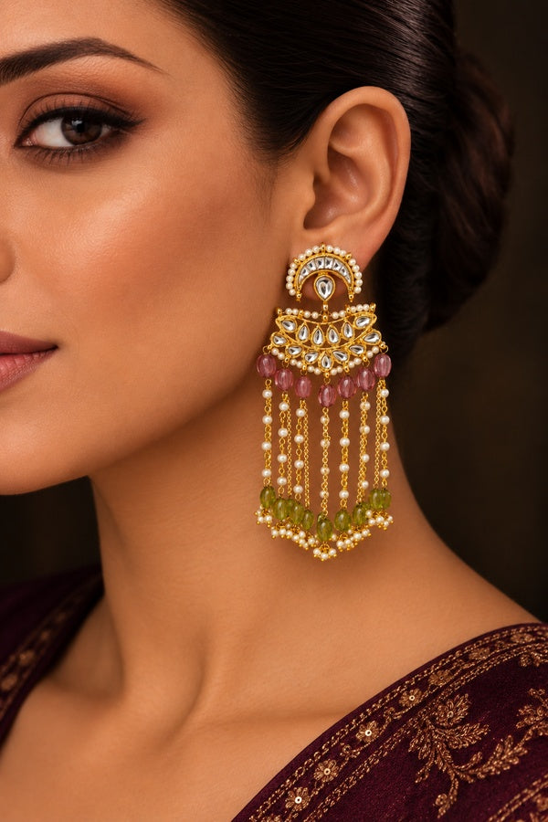 Statement Pink & Green Tourmaline Kundan Earrings