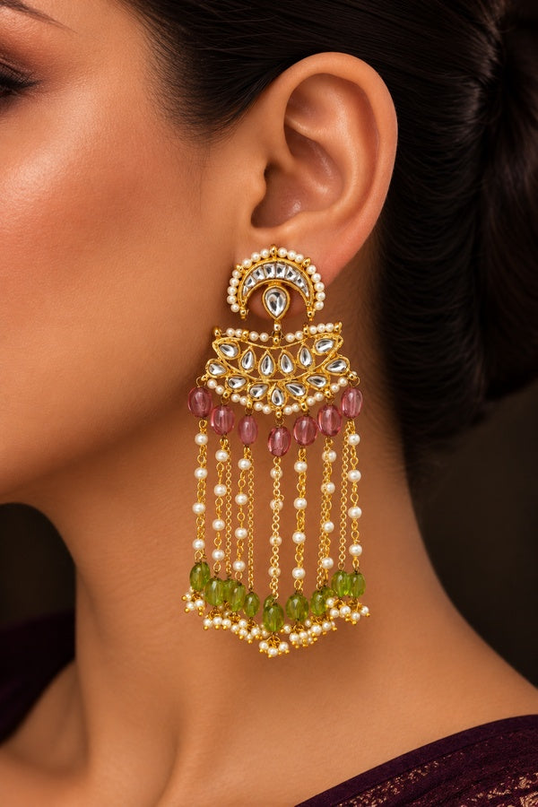 Statement Pink & Green Tourmaline Kundan Earrings