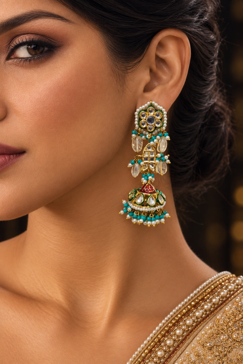 Turquoise with Yellow Beads Fish Motif Kundan Jhumki Earrings