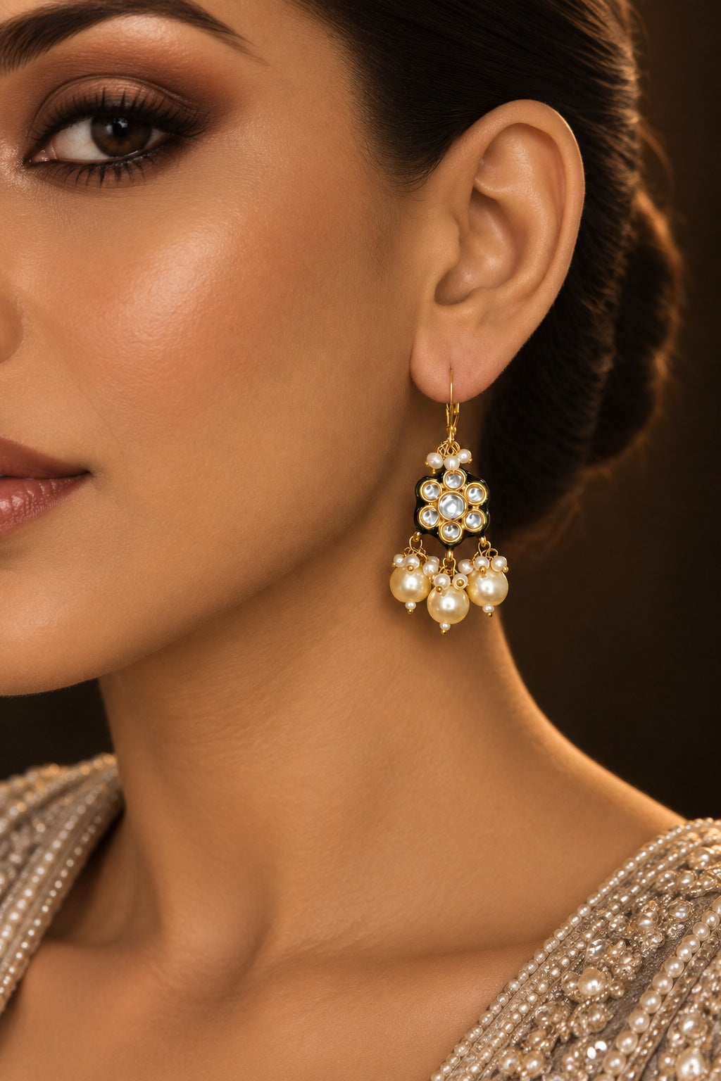 Pearl Drop with Flower Motif Kundan Earrings