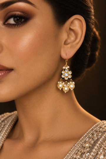 Pearl Drop with Flower Motif Kundan Earrings