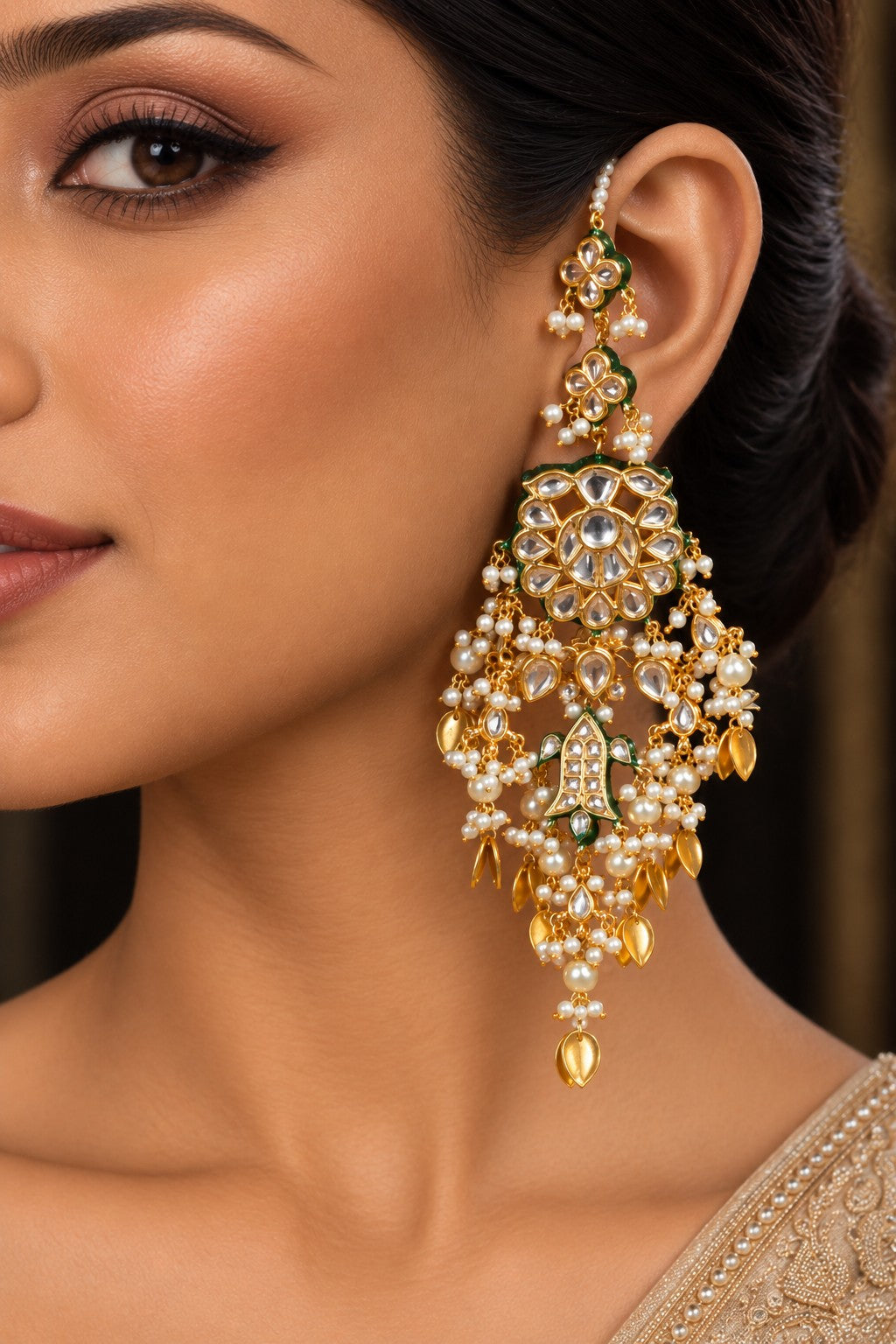 Statement Gold Pipalpatti Kundan Chandbali Earrings