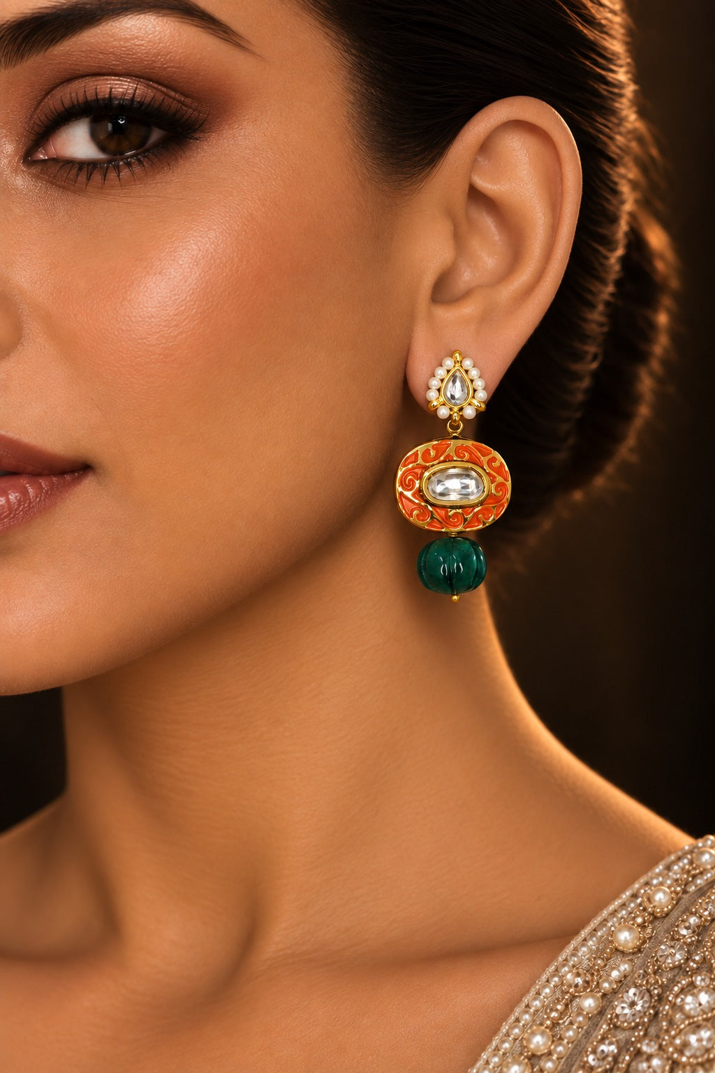 Orange Meenakari Green Drop Earrings