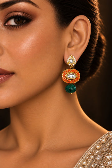 Orange Meenakari Green Drop Earrings
