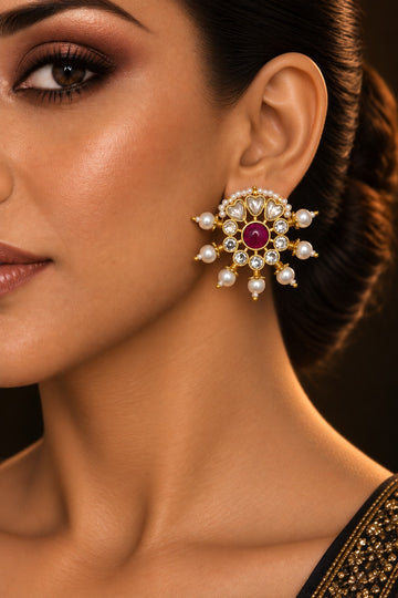 Pink Kundan & Pearls Studs Earrings