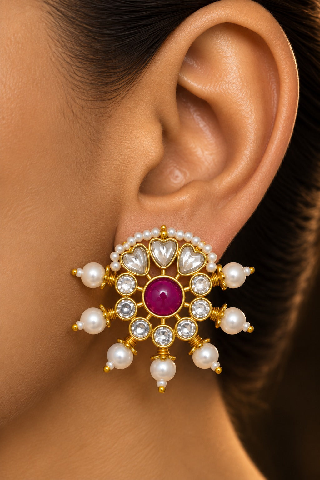 Pink Kundan & Pearls Studs Earrings