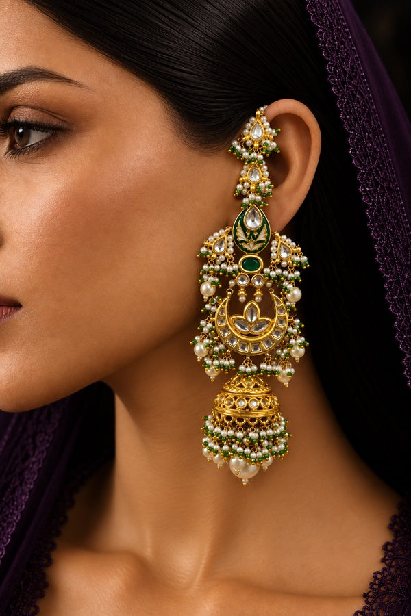 Green Enamel & Kundan Chand Pearl Drop Jhumki Earrings