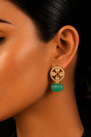 Flower Kundan Zirconia Green Jade Drop Earring Studs
