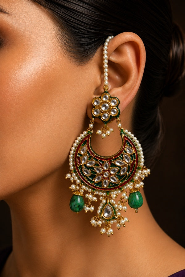 Multi Meena Pearl Stones Kundan Chandbali Dangler Earrings