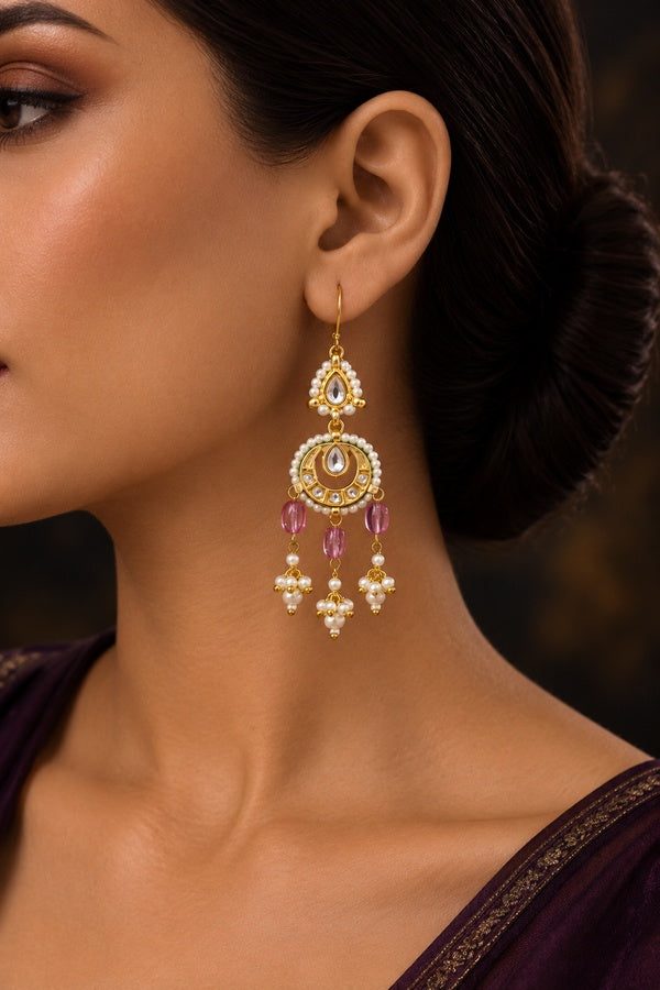 Green Meena Gold & White Pearl & Tourmaline Drop Dangler Earrings