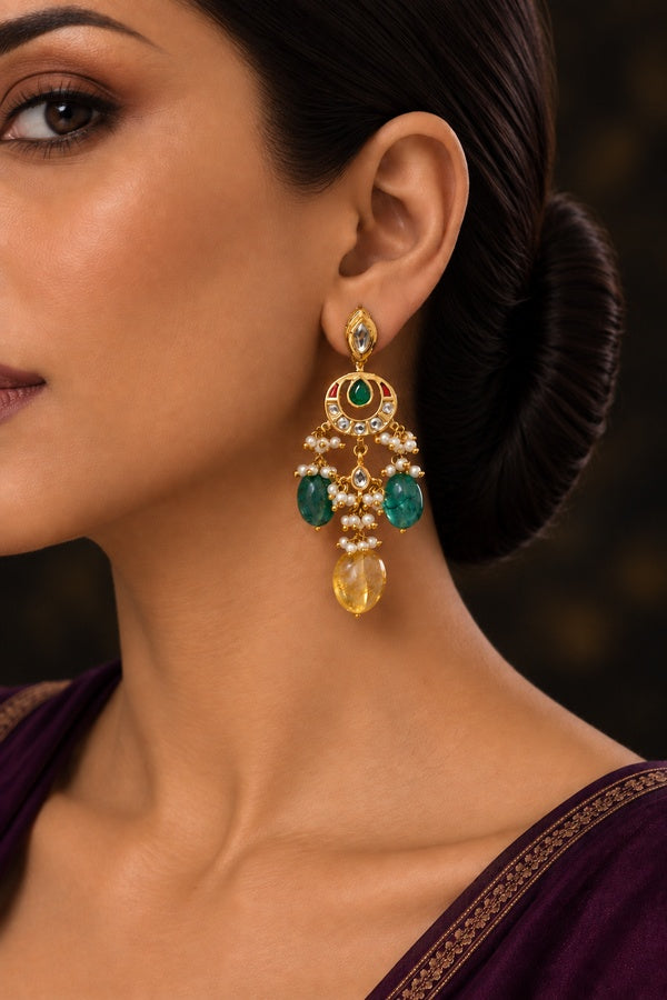 Red Kundan Green & Yellow Drop Dangler Earrings