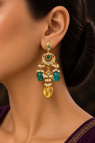 Red Kundan Green & Yellow Drop Dangler Earrings