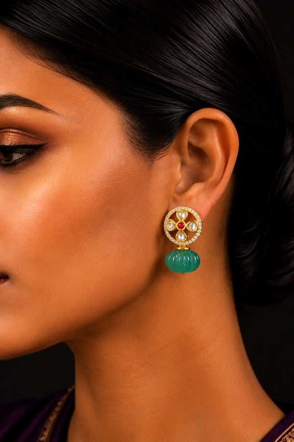 Flower Kundan Zirconia Green Jade Drop Earring Studs