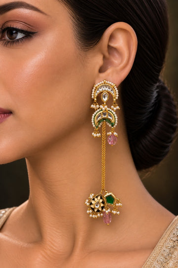 Gold Finish Black Enamel Chand Kundan Earrings