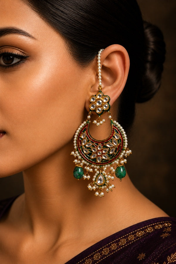 Multi Meena Pearl Stones Kundan Chandbali Dangler Earrings