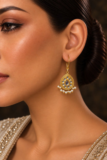 Gold & White Kundan Drop Earrings With Pearls