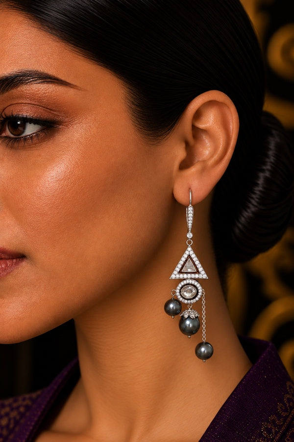 Triangle Zircon Grey Pearl Drop Dangling Earrings