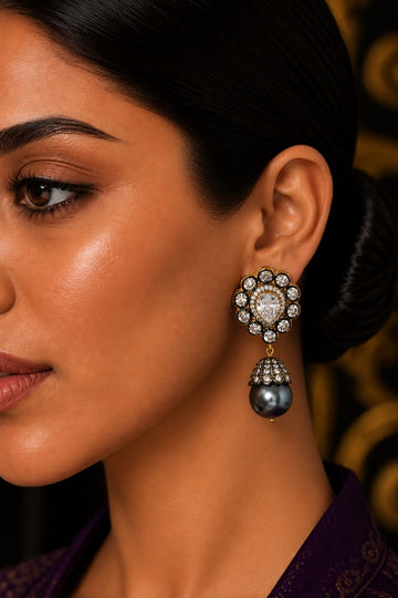 Zirconia Grey Pearl Drop Dangler Earrings