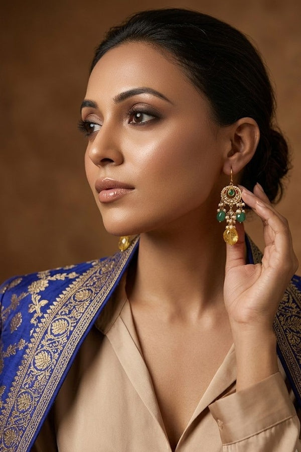 Red Kundan Green & Yellow Drop Dangler Earrings