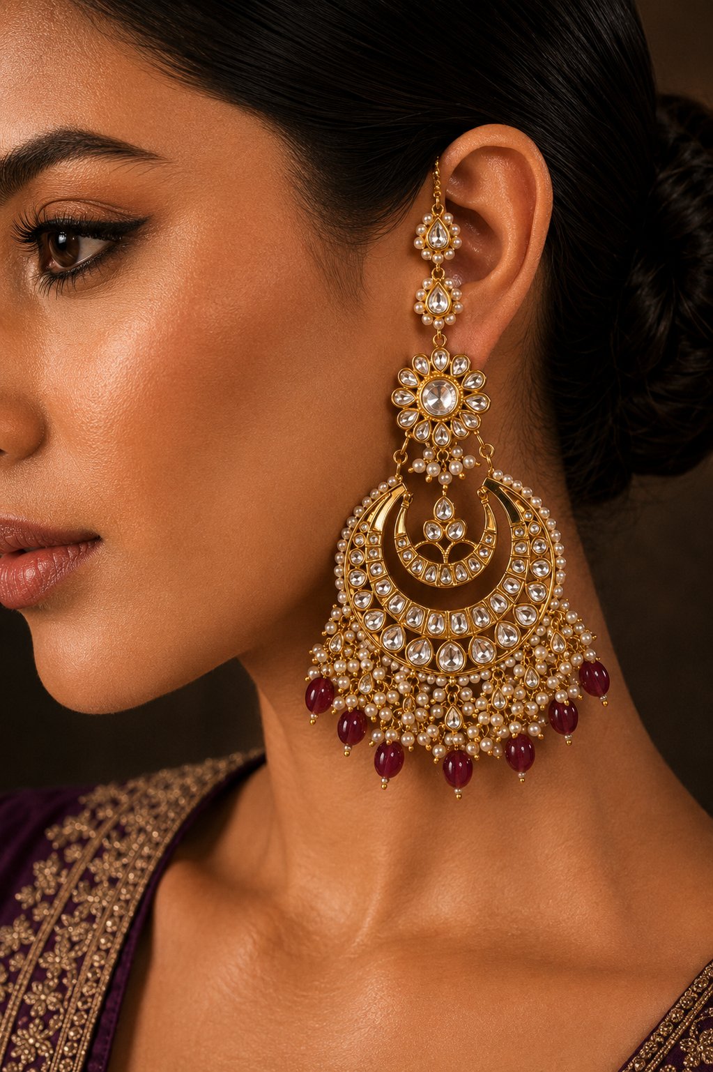 Statement Kundan Gold & White Red Drops Chandbali