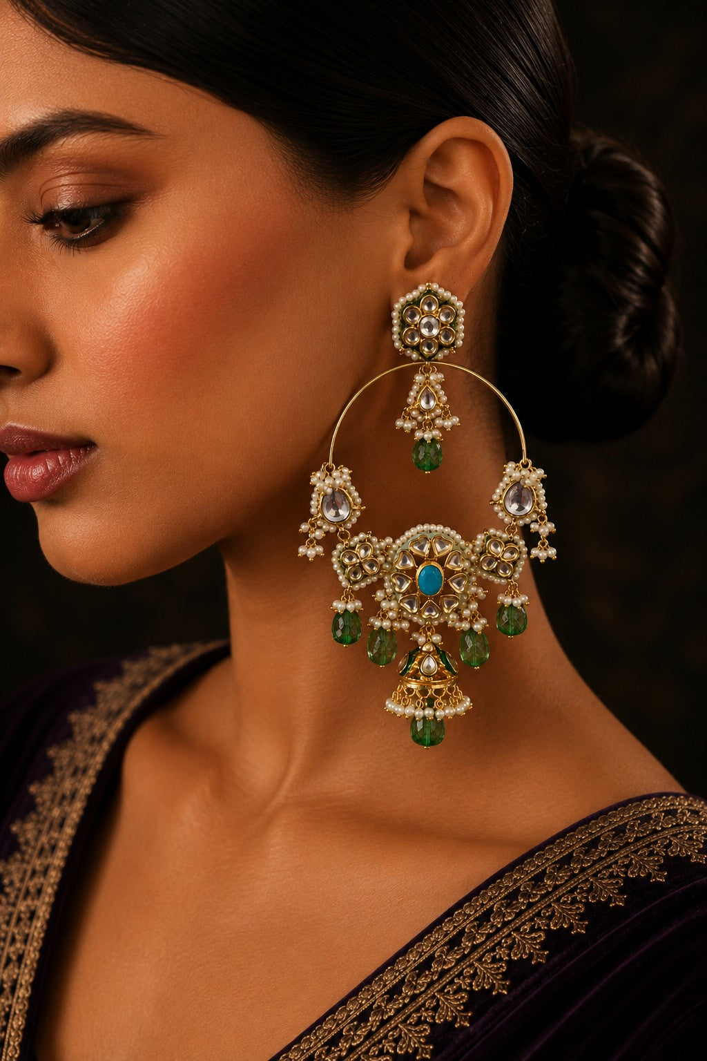 Textured Pale Green Kundan Chandbali Earrings