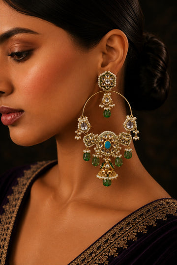 Textured Pale Green Kundan Chandbali Earrings