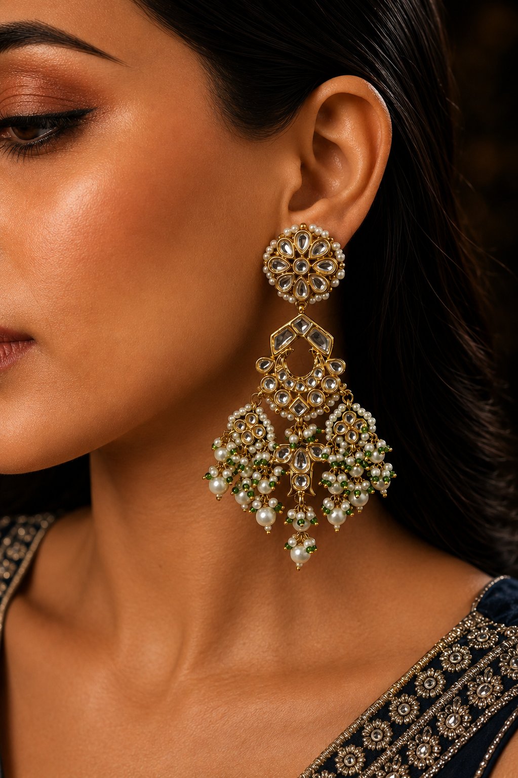 Gold & White Fish Motif Green & White Pearls Earrings