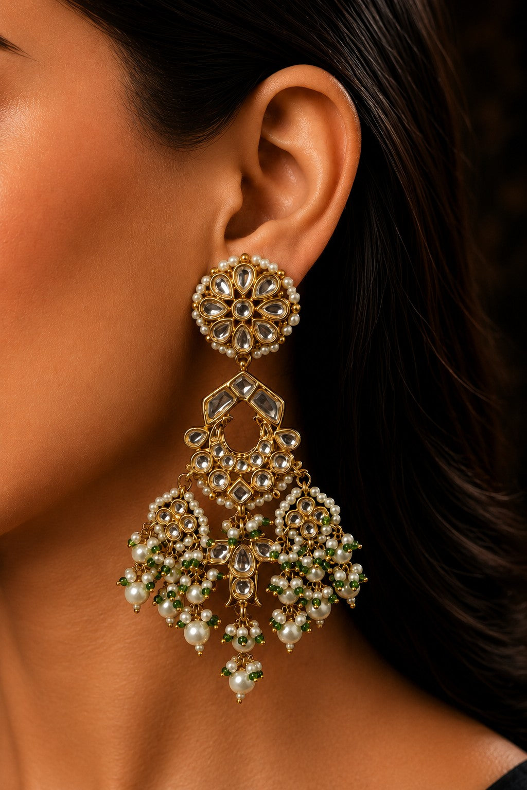 Gold & White Fish Motif Green & White Pearls Earrings