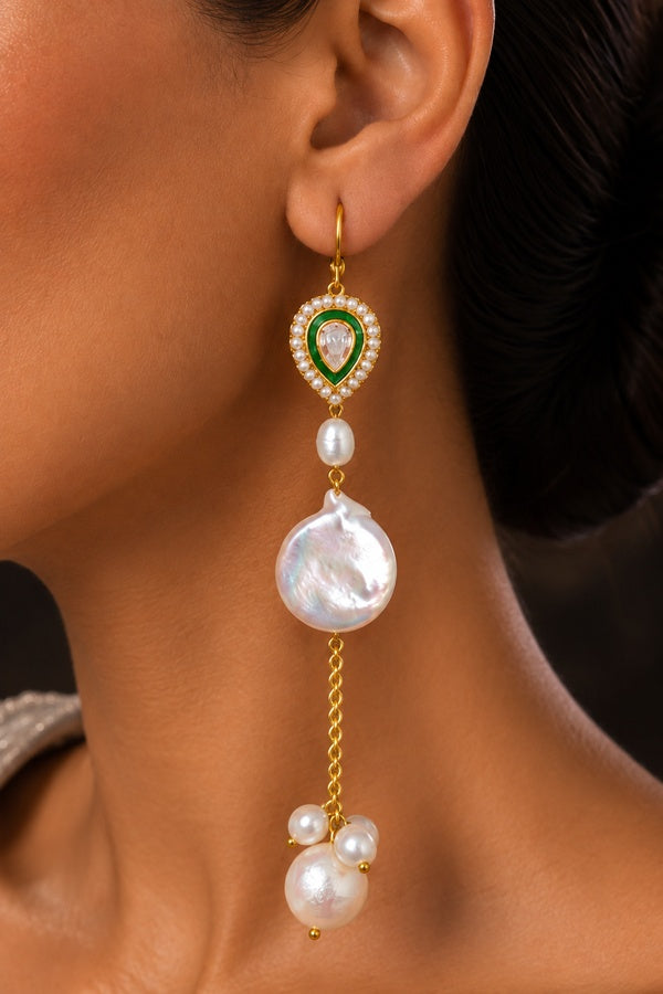 Green Zirconia Pearl Drops Dangler Earrings