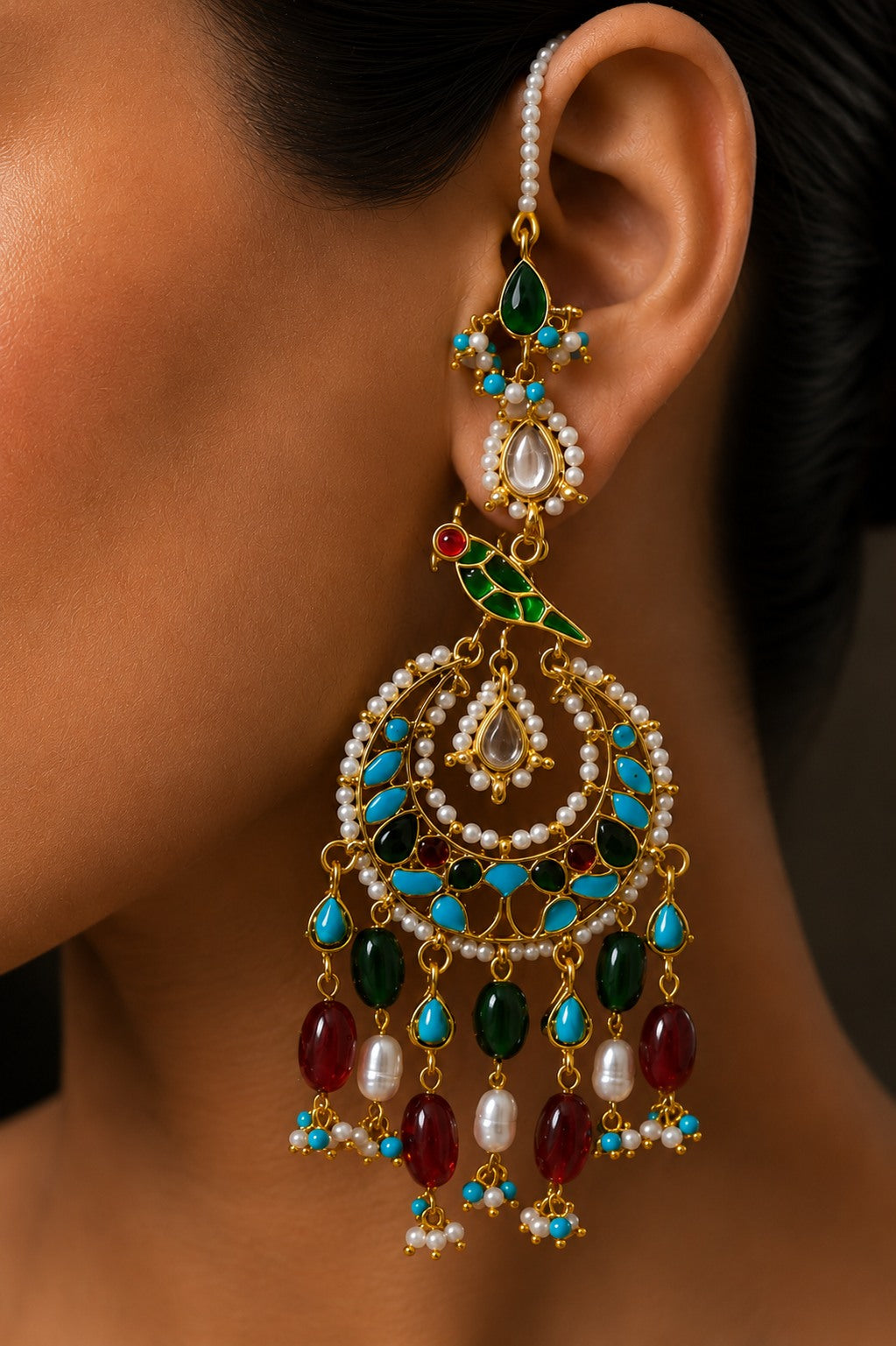 Ethnic Red Green Feroza Meena Red & Green Drops Chandbali Earrings