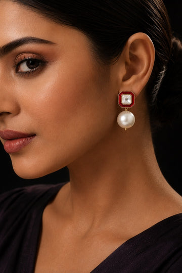 Uncut Red with Pearl Drop Stud Earrings