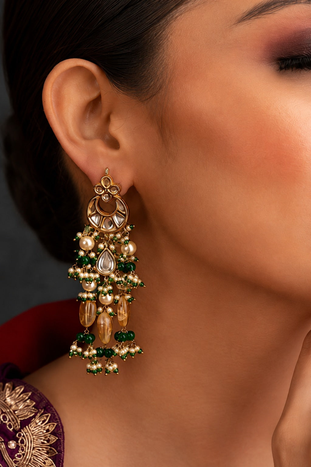 Yellow Citrine With Green Hints Kundan Drop Earrings