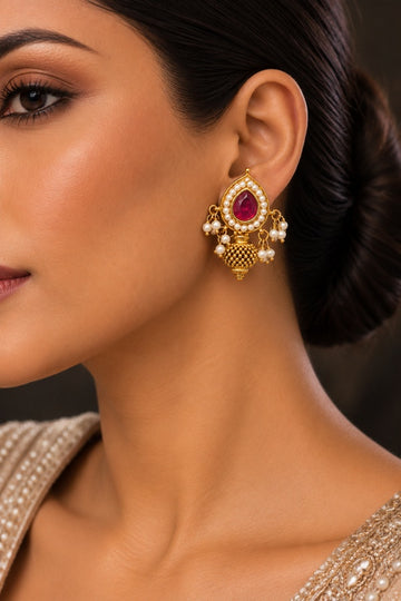Red Kundan White Pearl Gold Bead Earrings