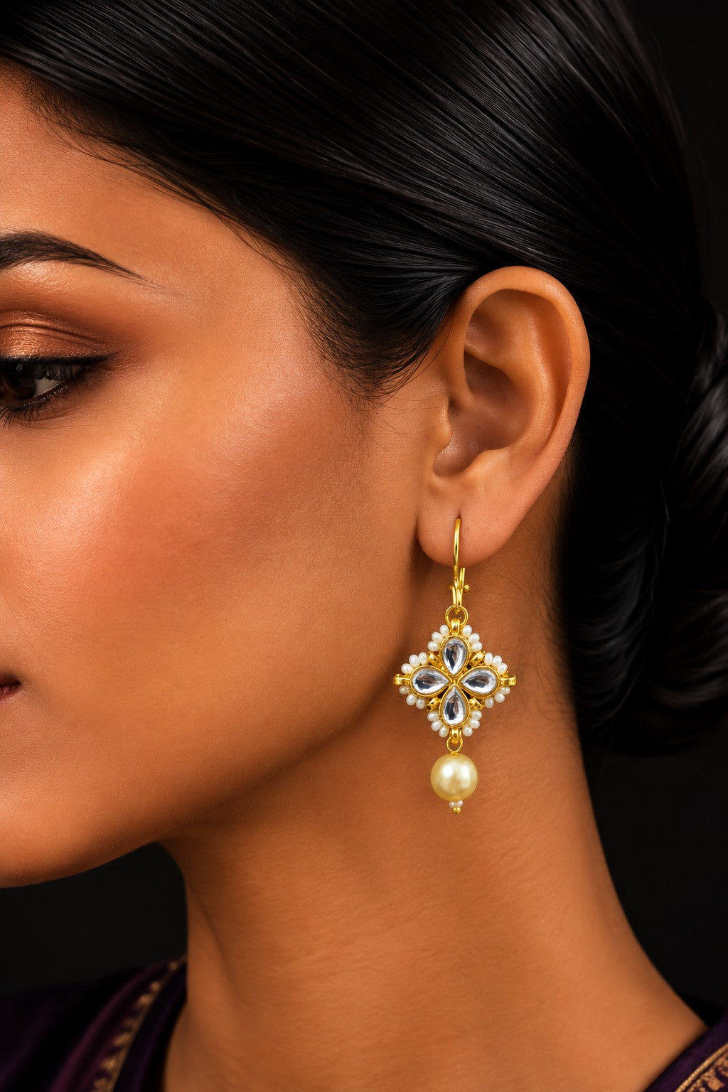 White Kundan Pearl Drop Danglers Earrings