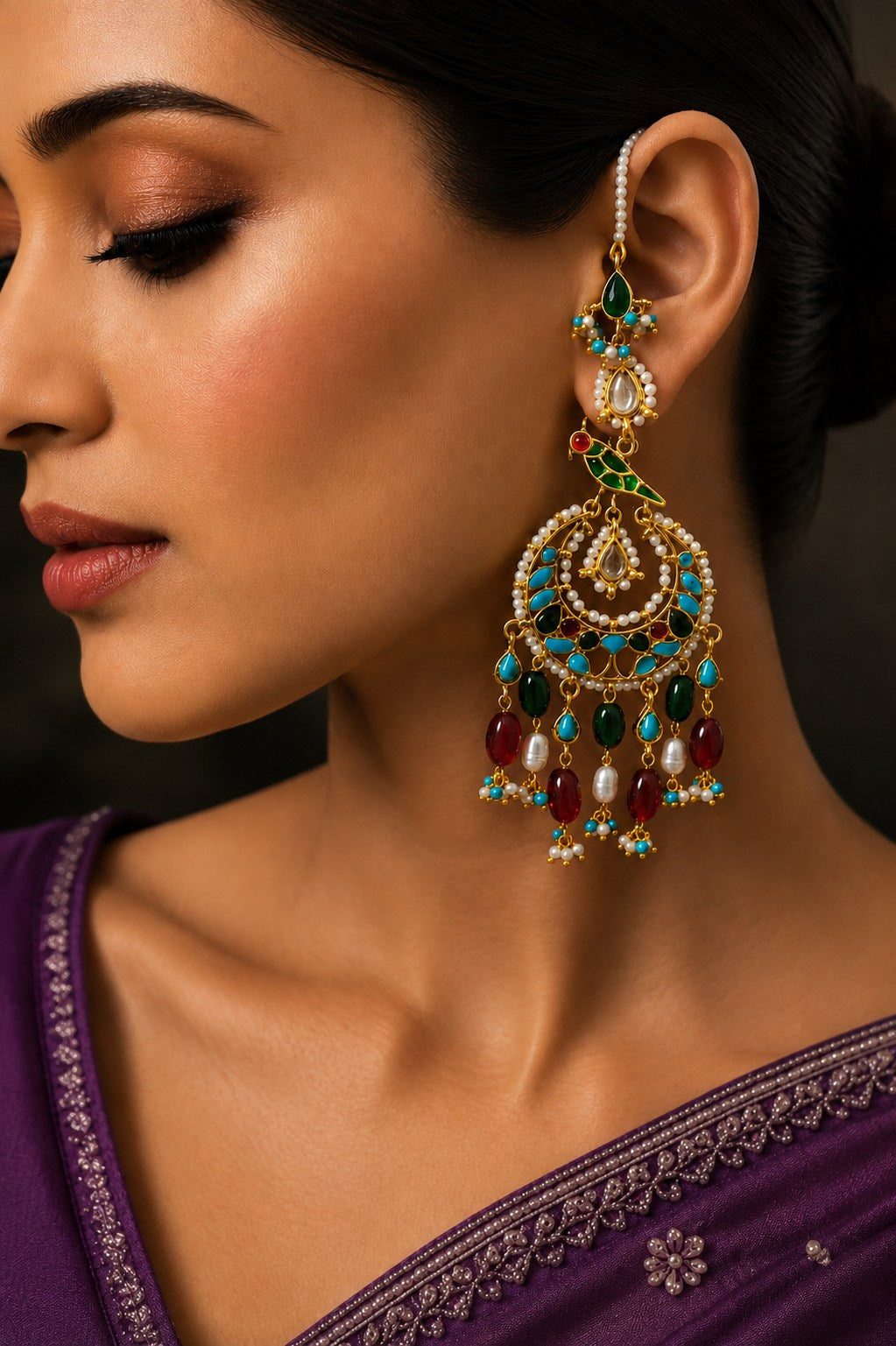 Ethnic Red Green Feroza Meena Red & Green Drops Chandbali Earrings