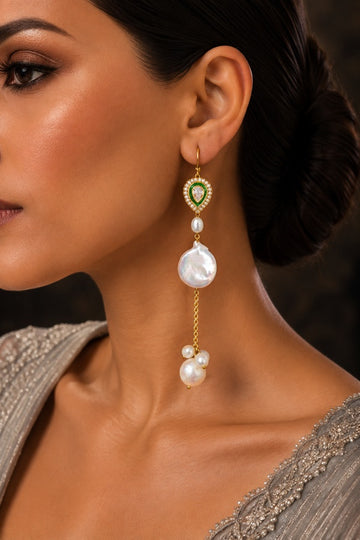 Green Zirconia Pearl Drops Dangler Earrings