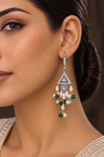 Triangle Zirconia Green Pearl Drop Dangling Earrings