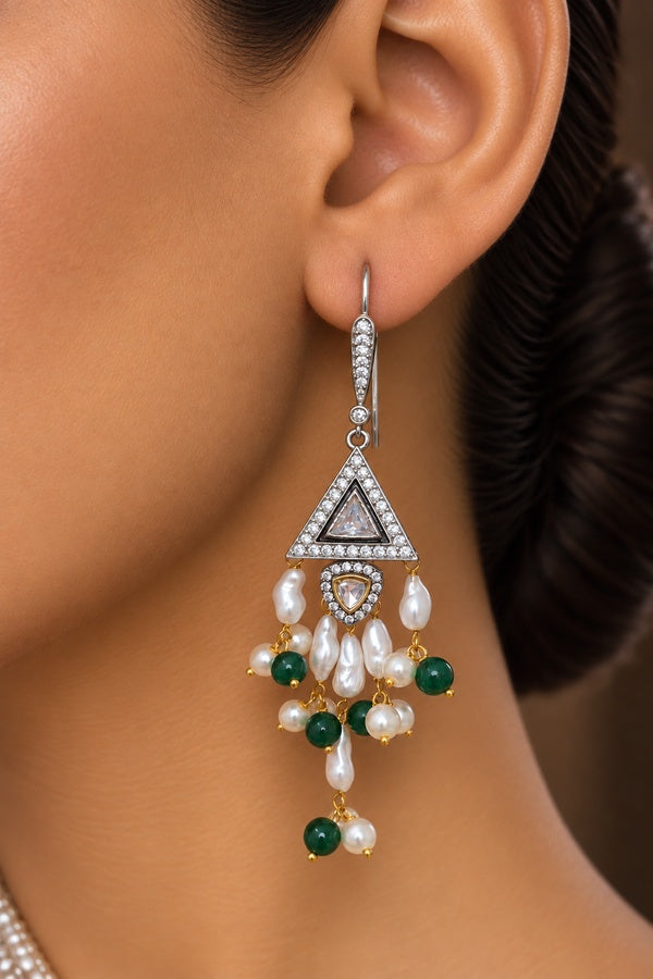 Triangle Zirconia Green Pearl Drop Dangling Earrings