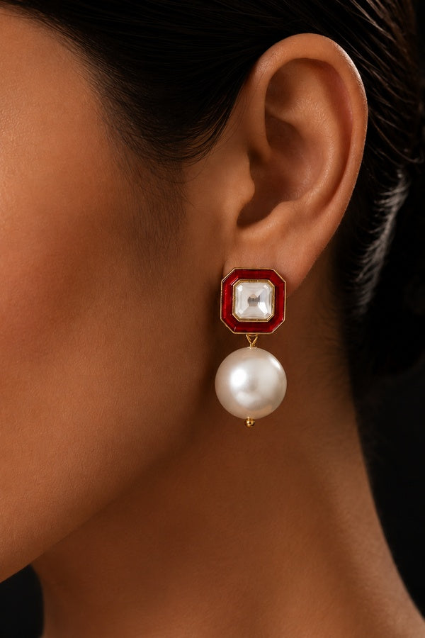 Uncut Red with Pearl Drop Stud Earrings