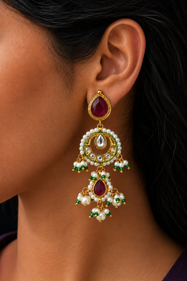 Red Kundan Gold & White Pearl Drop Dangler Earrings