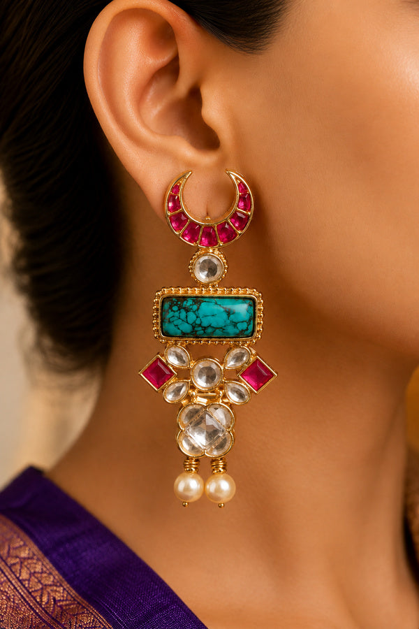 Pink Crescent Turquoise Center Pearl Drops Earrings