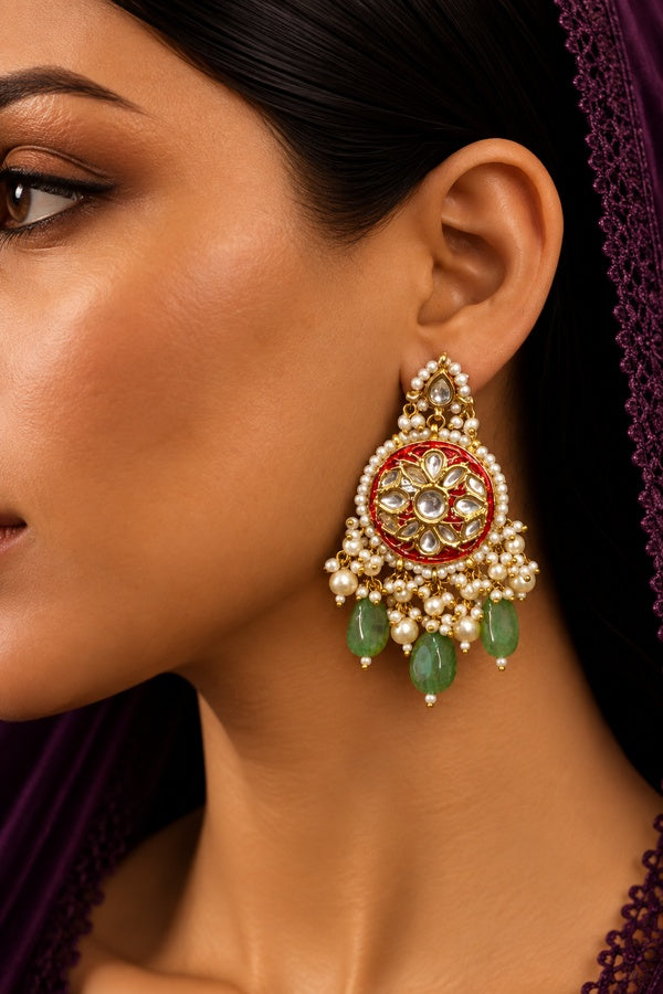 Red Rounds Green Drop Dangler Earrings