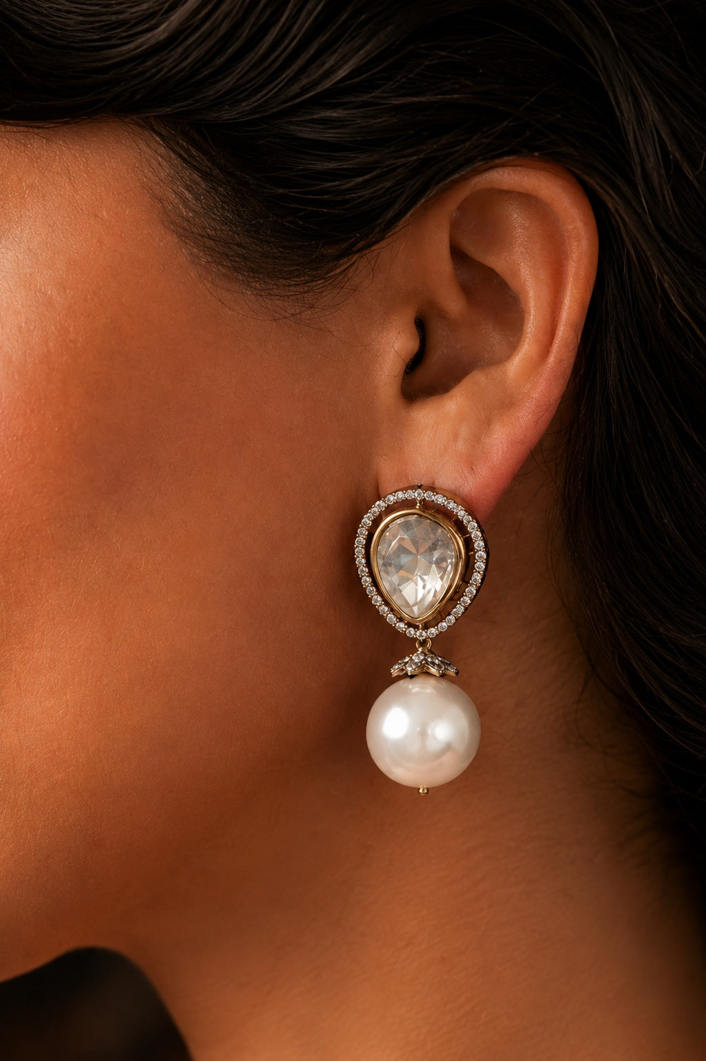 Dual Finish Zircon Mega Polki Pearl Drop Stud Earrings