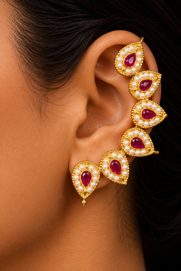Red Kundan Earcuff Earrings With Pearls