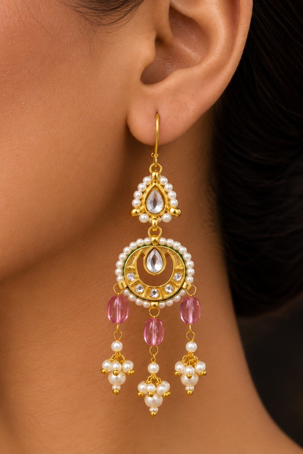 Green Meena Gold & White Pearl & Tourmaline Drop Dangler Earrings