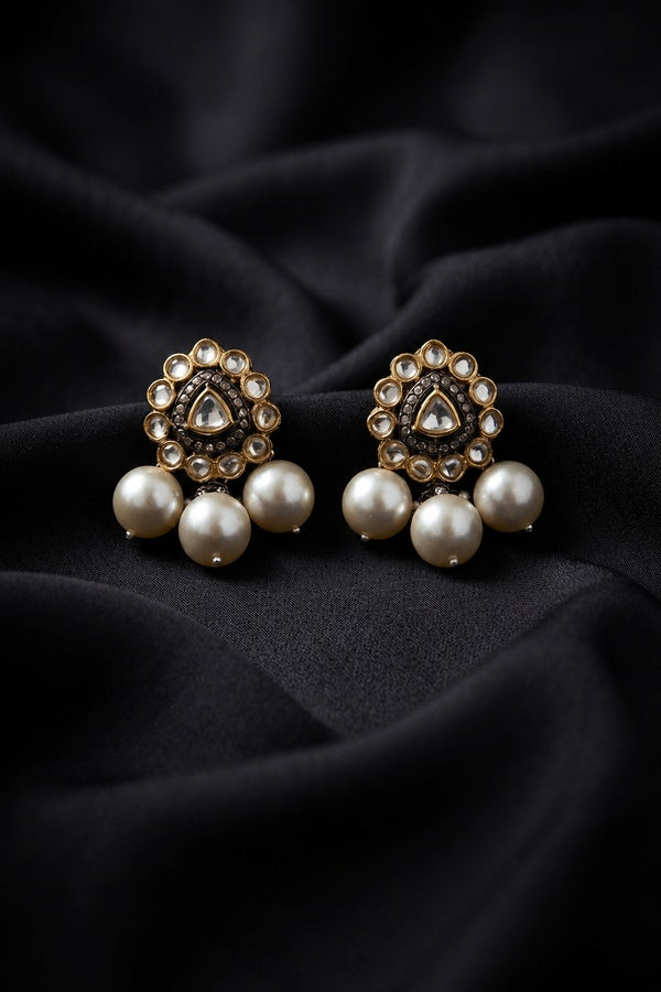 Gold & Silver Finish Zircon Pearl White Dangler Earrings
