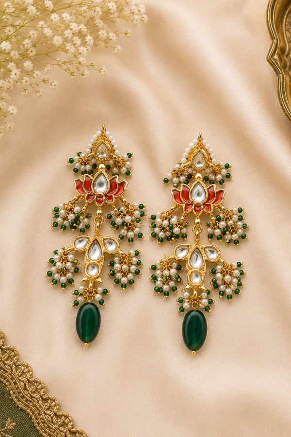 Gold Finish Red Lotus Fish Kundan Emeralds Dangler Earrings