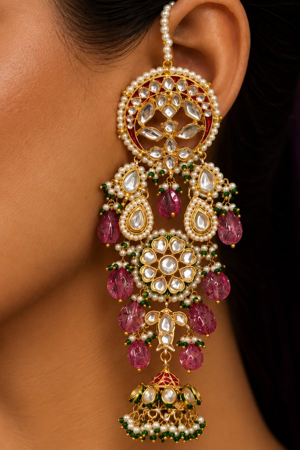 Laal Mehal Pink Tourmaline Kundan Earrings